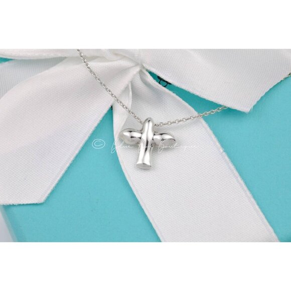 Tiffany & Co Elsa Peretti Mini Dove Bird Cross Pendant 16" Necklace Silver w/ Po - Picture 6 of 9
